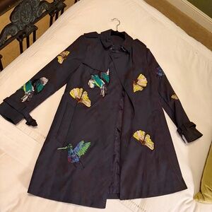3/4 Sleeve Hummingbird Embroidered Mid Length Trench